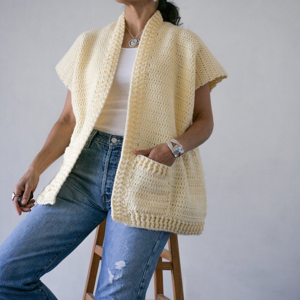 H A N D M A D E   Vintage French Vanilla Crochet Vest Open Cardigan